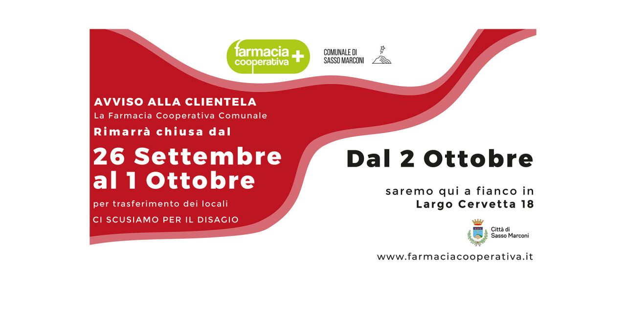 Chiusura provvisoria della Farmacia Comunale di Sasso Marconi